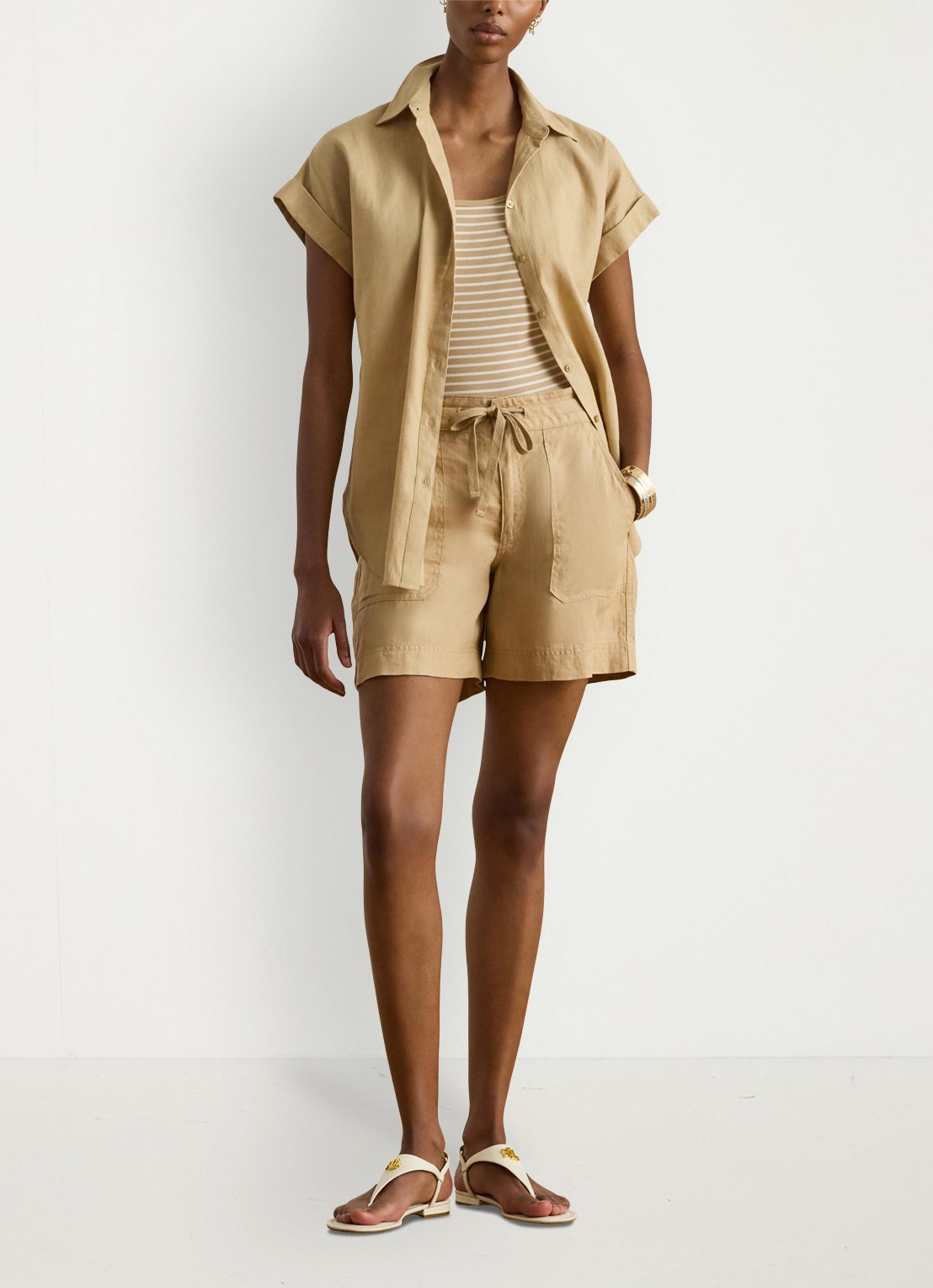 Ralph Lauren Blouse van linnen met korte mouw - voorkant 4 birch tan / beige