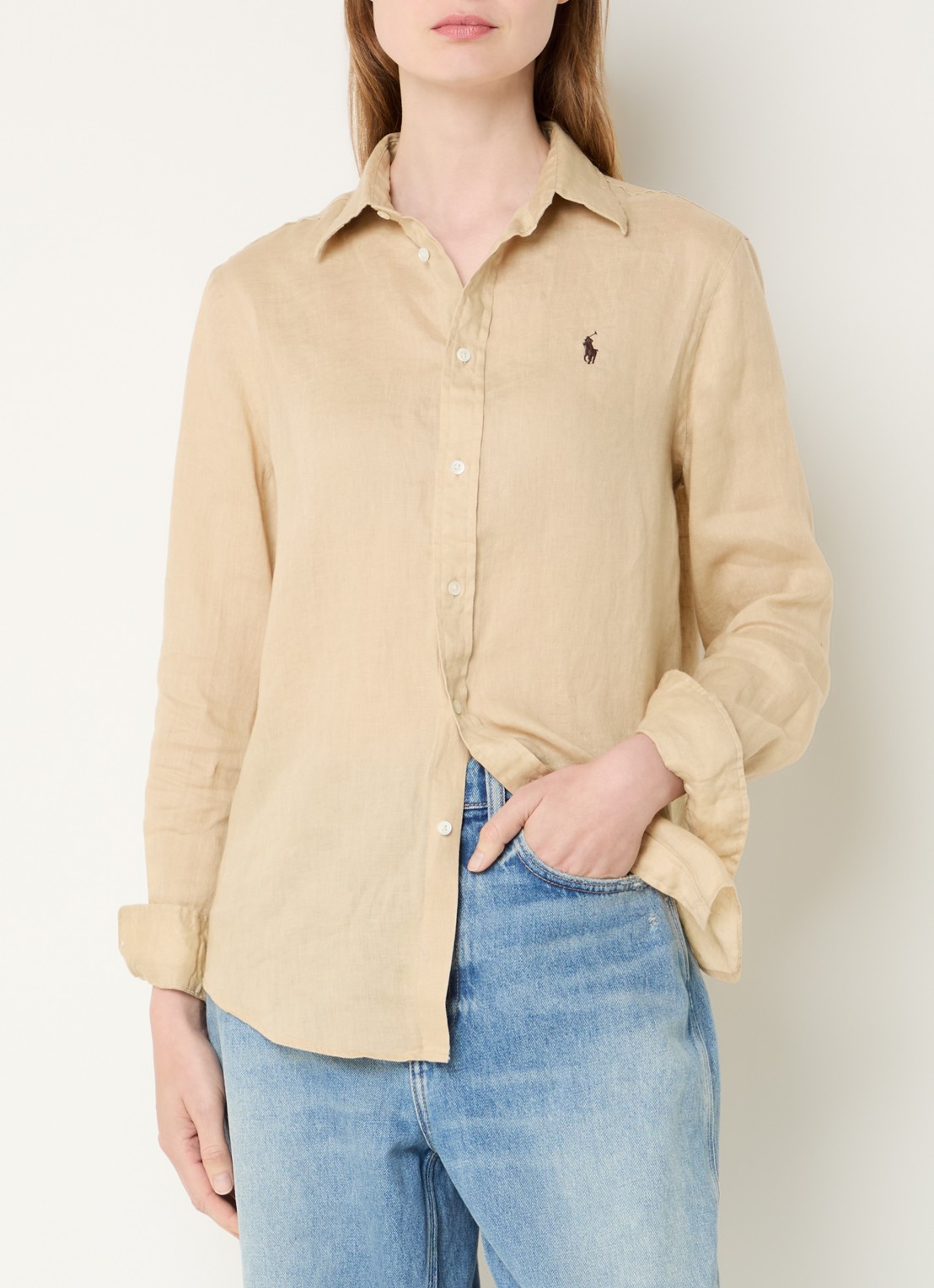 Ralph Lauren Blouse van linnen met logoborduring - detail zand