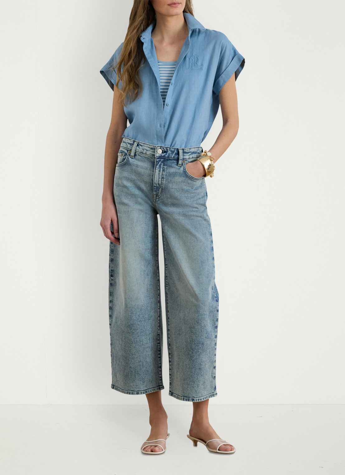 Ralph Lauren Blouse van linnen met logoborduring - voorkant 5 blue note / blauw