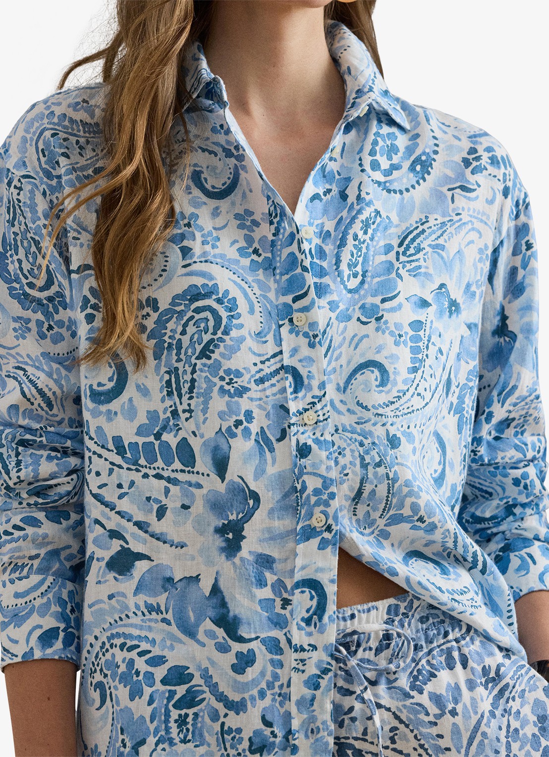 Ralph Lauren Blouse van linnen met paisley dessin - detail 2 white/blue / blauw