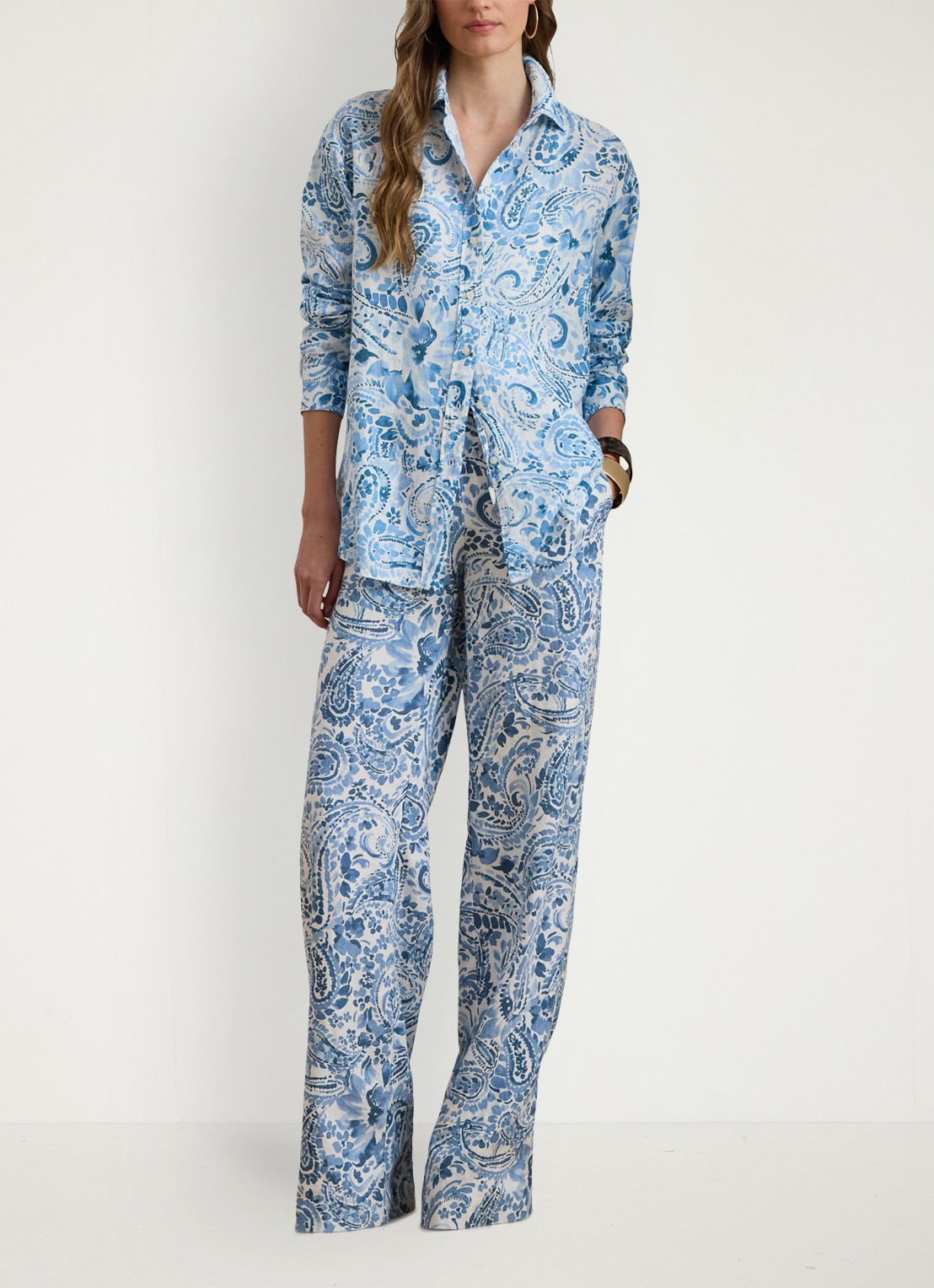 Ralph Lauren Blouse van linnen met paisley dessin - voorkant 4 white/blue / blauw