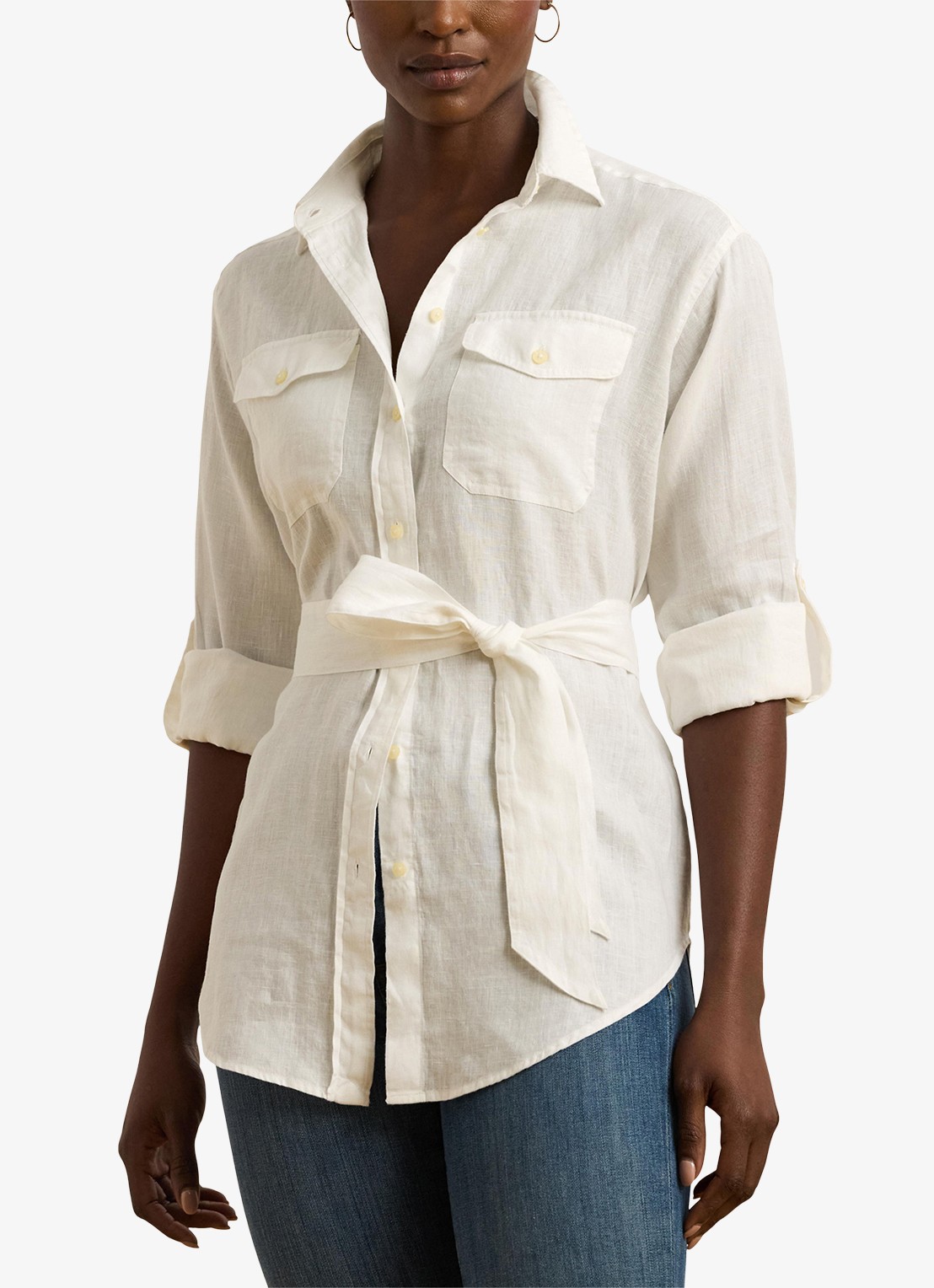 Ralph Lauren Blouse van linnen met strikceintuur - detail 4 white / wit