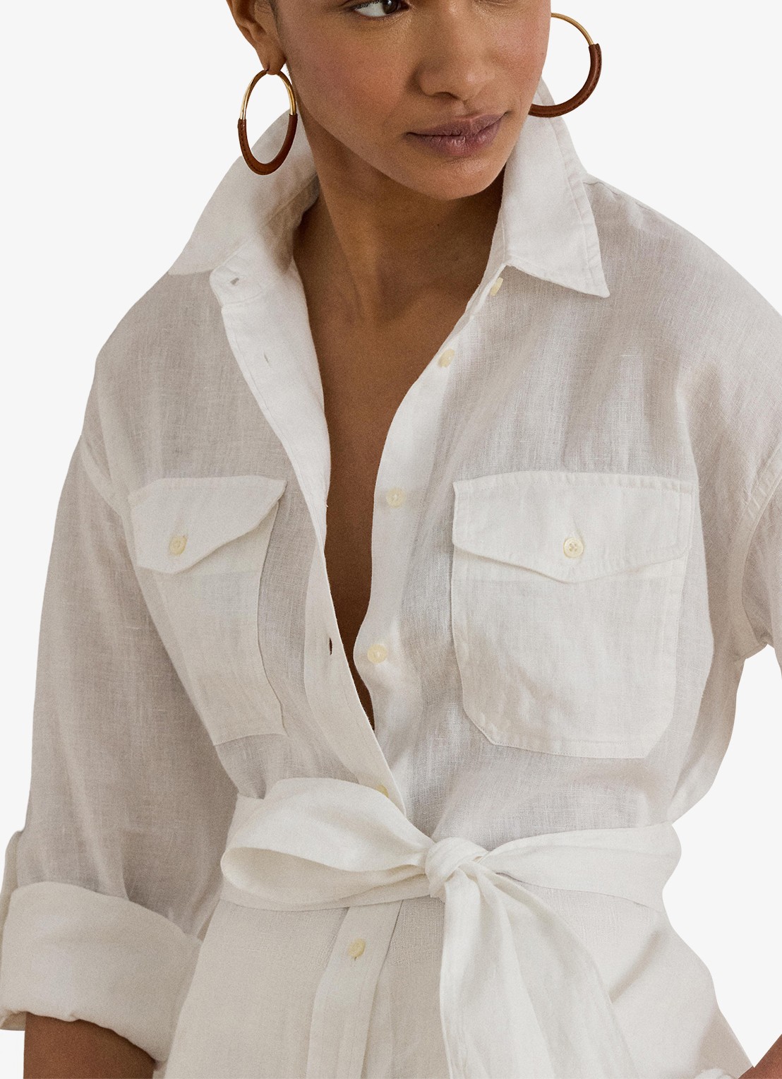 Ralph Lauren Blouse van linnen met strikceintuur - detail 5 white / wit