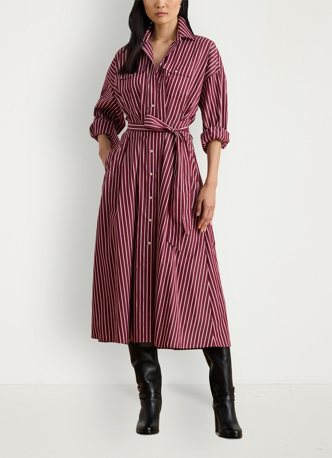 Ralph Lauren Blousejurk met streepprint en borstzakken - voorkant 3 bordeauxrood