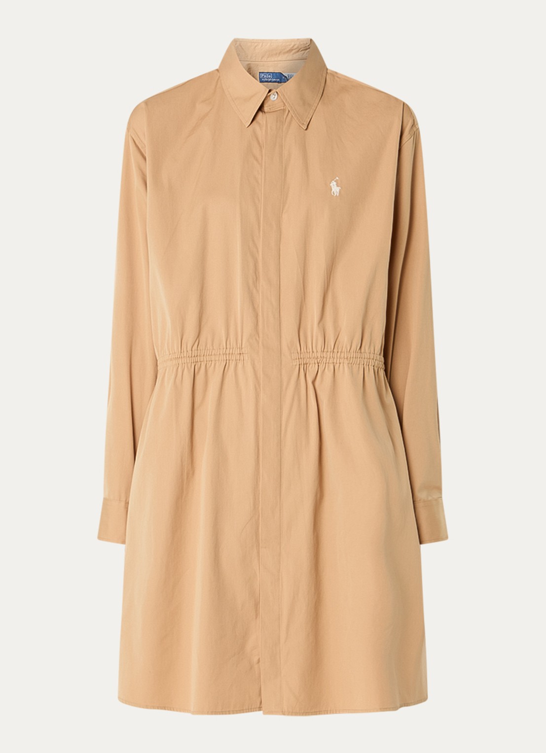 Ralph Lauren Blousejurk van satijn met paspelzakken en trekkoord  - voorkant 2 camel