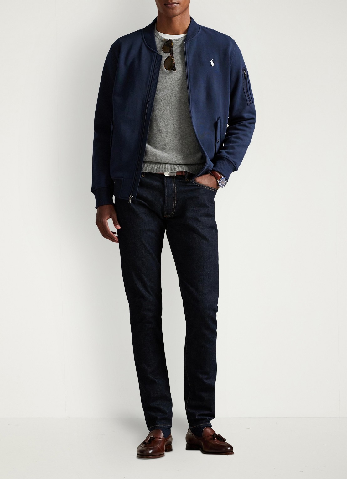 Ralph Lauren Bomberjack met klepzakken en logoborduring - voorkant 3 aviator navy / donkerblauw