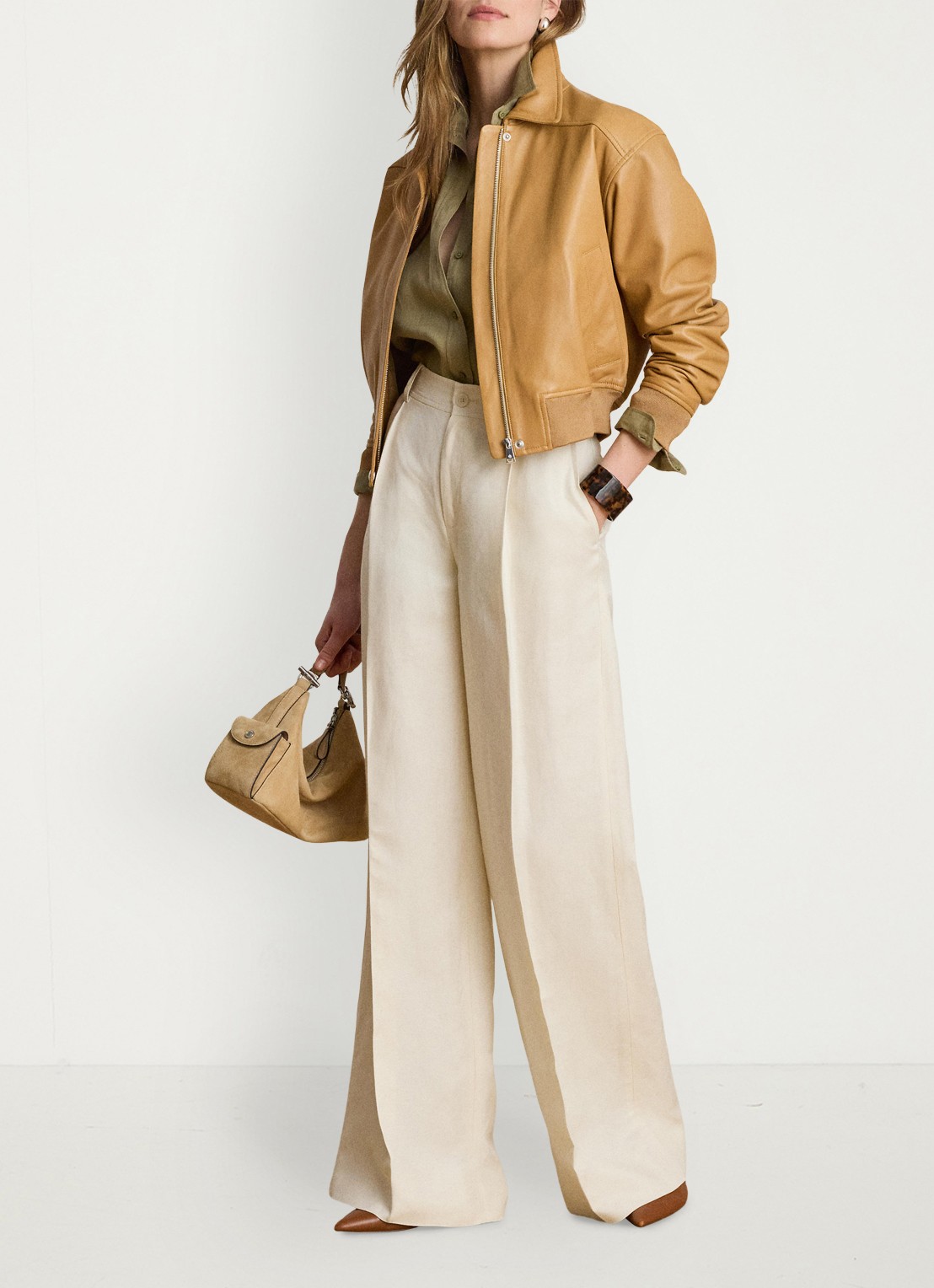 Ralph Lauren Bomberjack van lamsleer met steekzakken - voorkant 2 caramel / beige