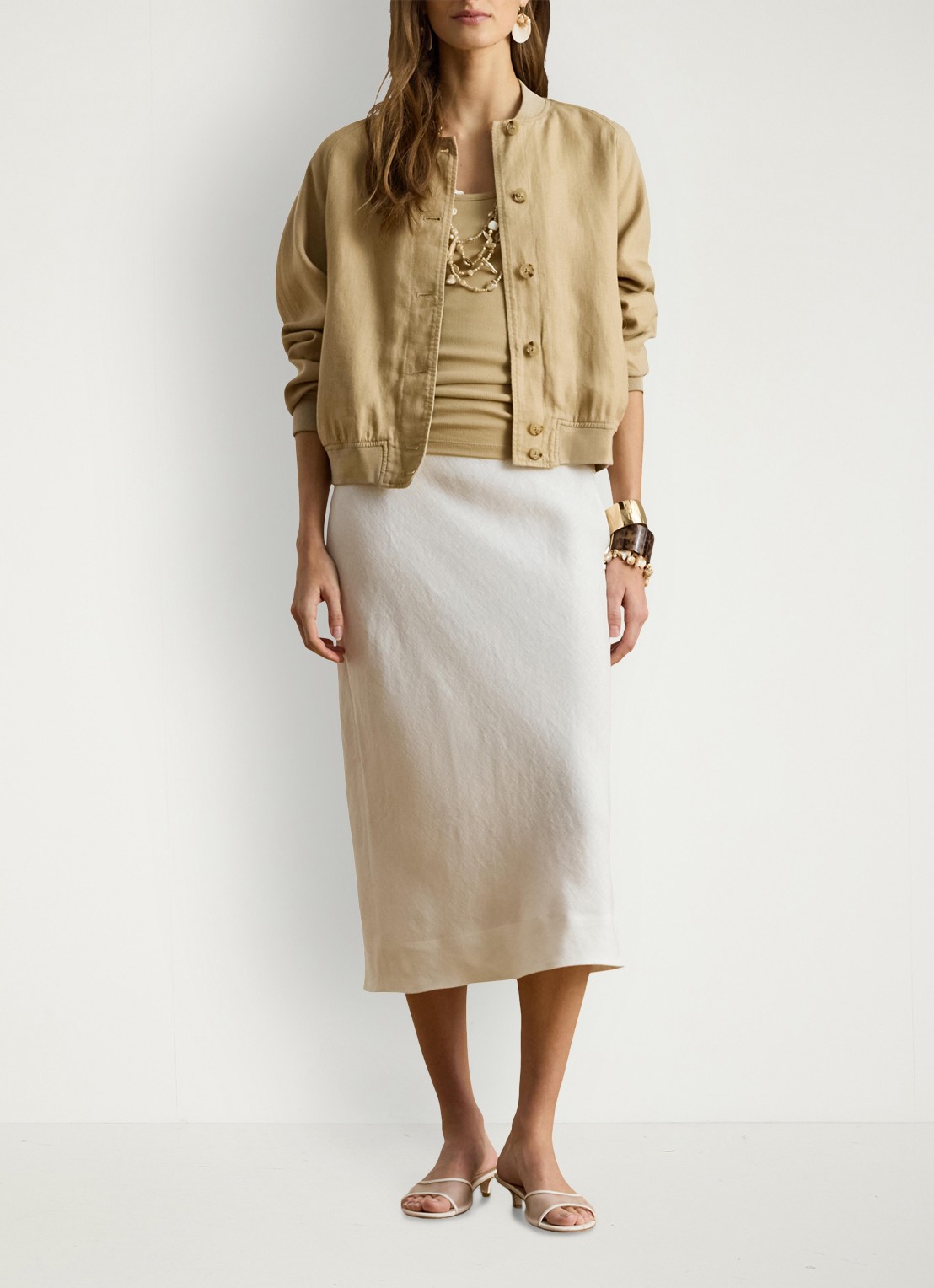 Ralph Lauren Bomberjack van linnen met steekzakken - voorkant 2 birch tan / beige