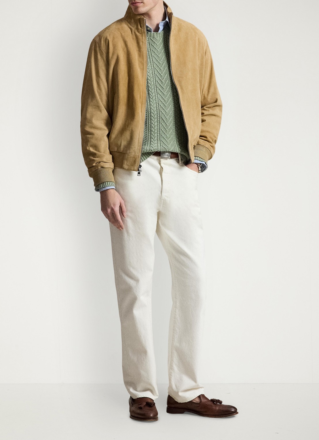 Ralph Lauren Charleton jack van geitensuède met opstaande kraag - voorkant 5 cafe tan suede / beige