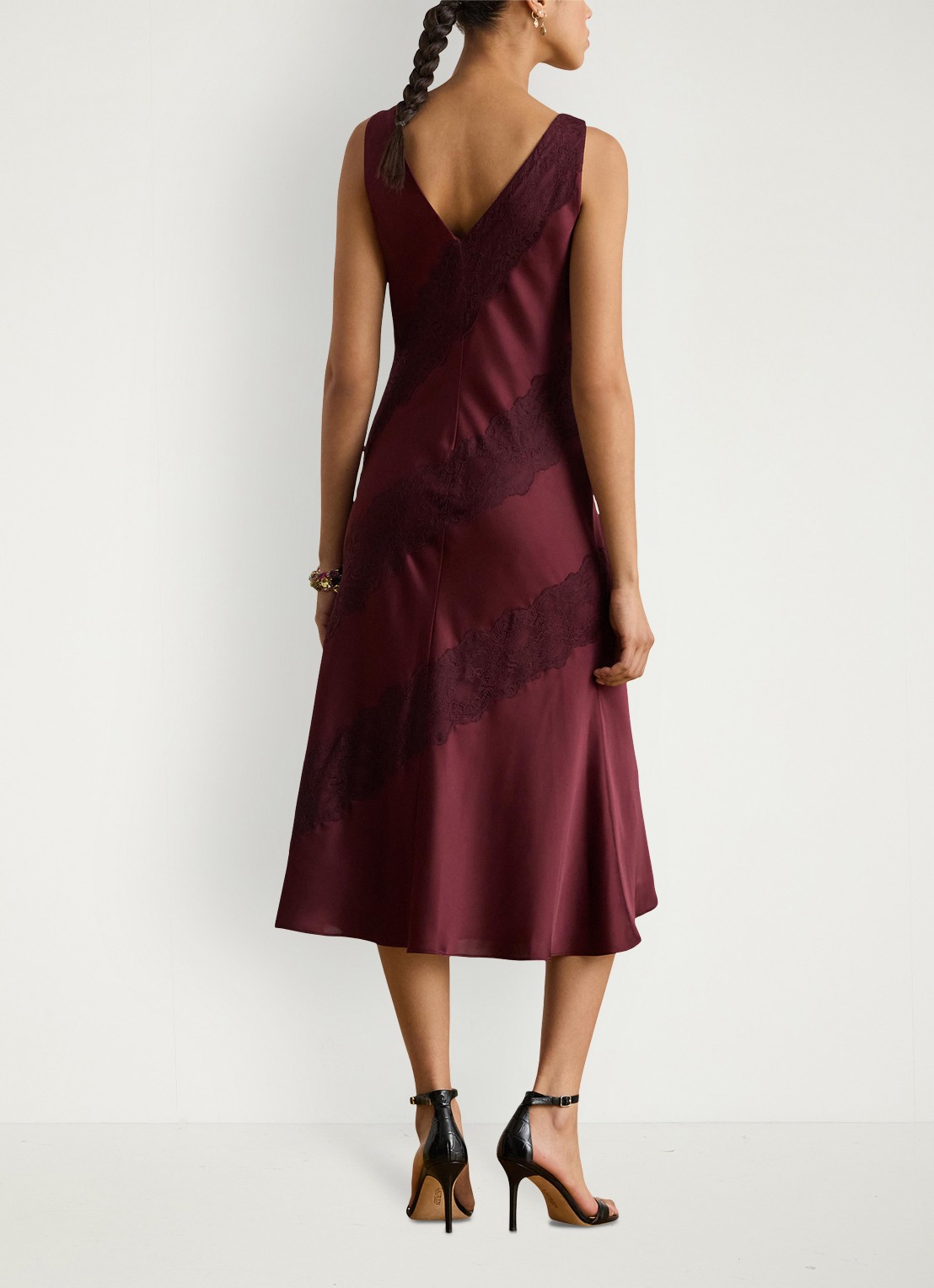 Ralph Lauren Charmeuse midi jurk met details van kant - achterkant dark garnet / bordeauxrood