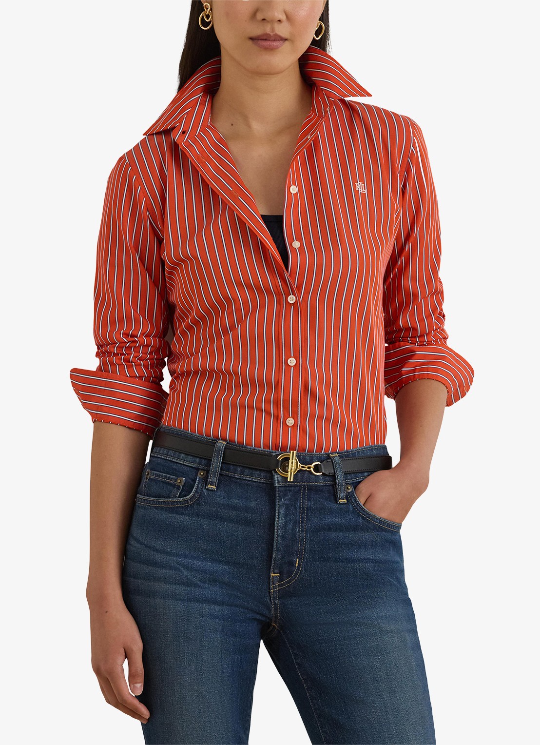 Ralph Lauren Classic fit blouse met streepprint en logoborduring - detail oranjerood