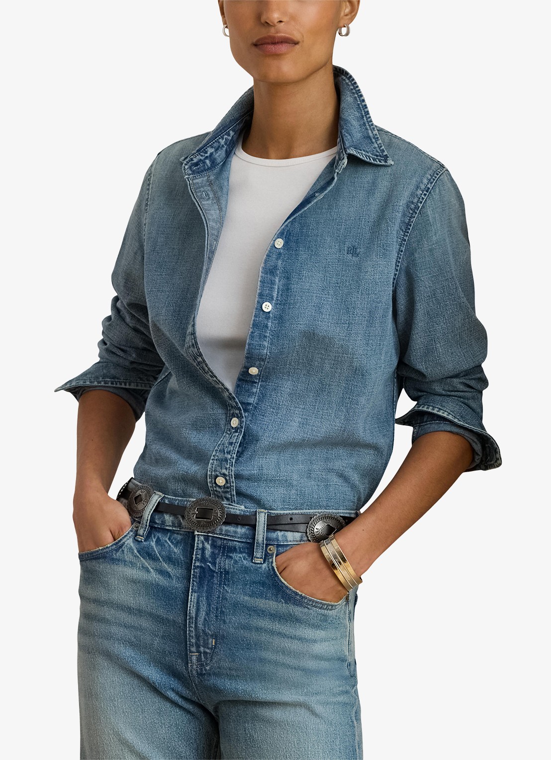 Ralph Lauren Classic fit blouse van denim met logoborduring - detail 4 indigo