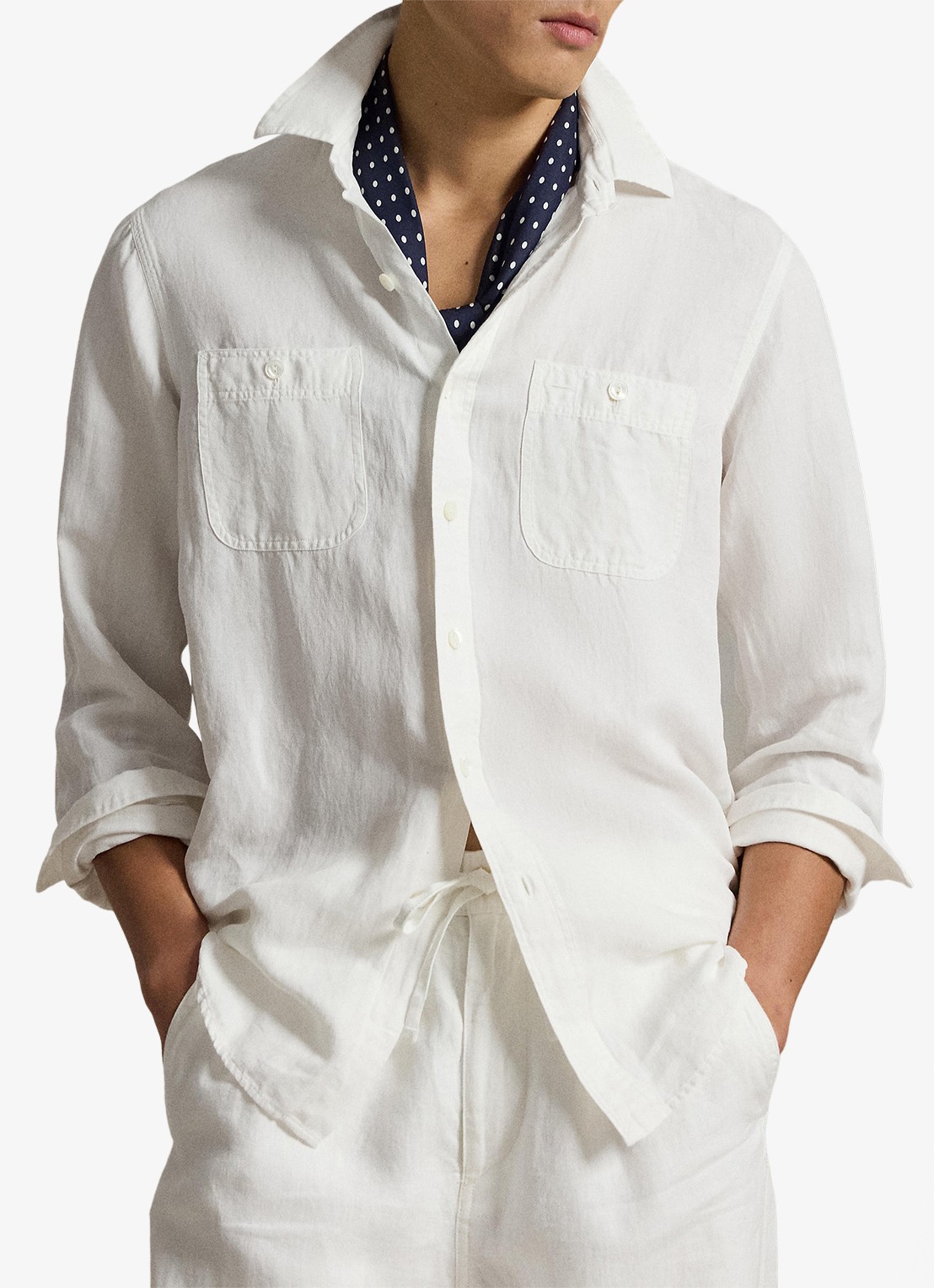 Ralph Lauren Classic fit overhemd in zijdeblend met borstzakken - detail 2 white / wit