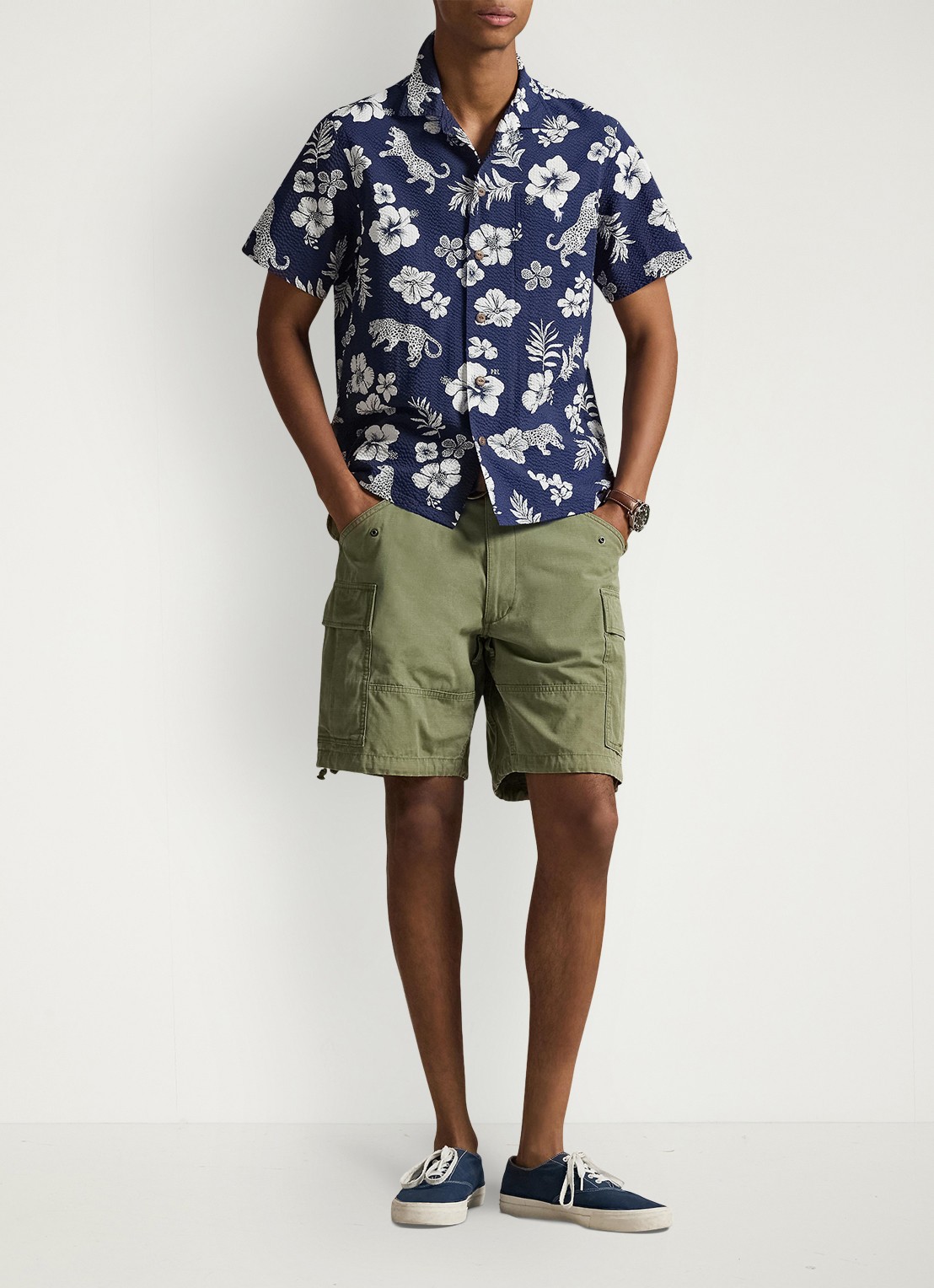 Ralph Lauren Classic fit overhemd met bloemenprint en structuur - voorkant 5 jaguar tropical / donkerblauw