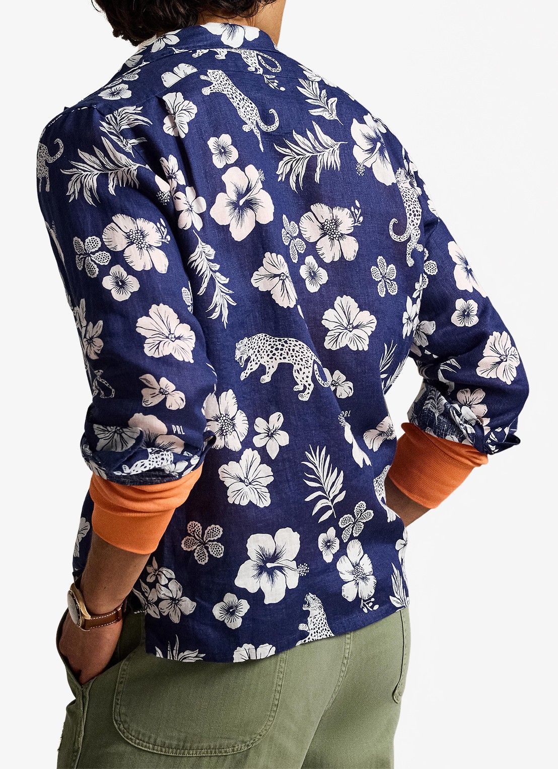 Ralph Lauren Classic fit overhemd van linnen met bloemenprint - achterkant 7163 jaguar tropical / donkerblauw