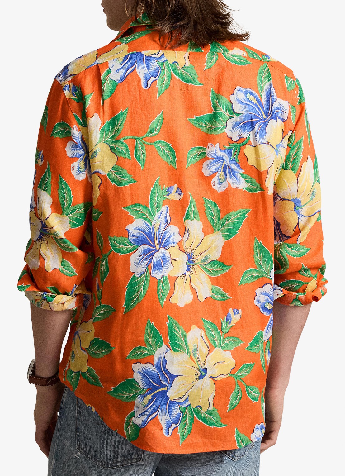 Ralph Lauren Classic fit overhemd van linnen met bloemenprint - achterkant 2 orange iconic hibiscus / oranje