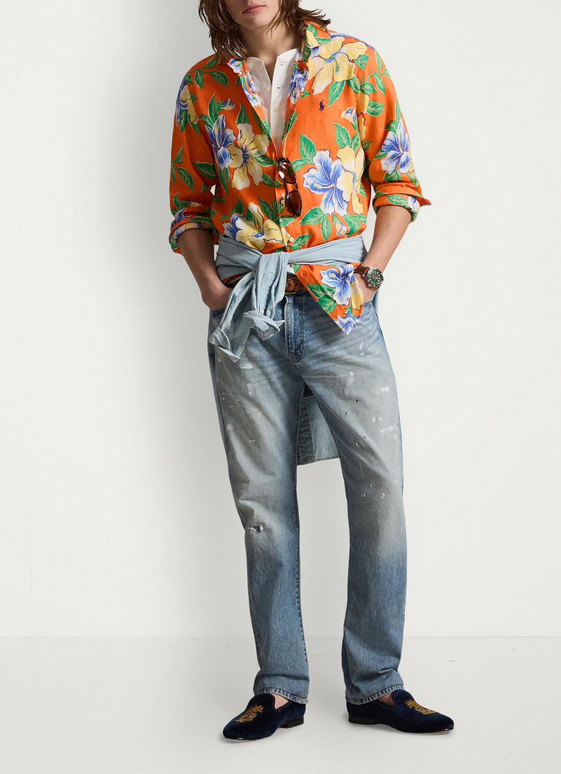 Ralph Lauren Classic fit overhemd van linnen met bloemenprint - detail 5 orange iconic hibiscus / oranje