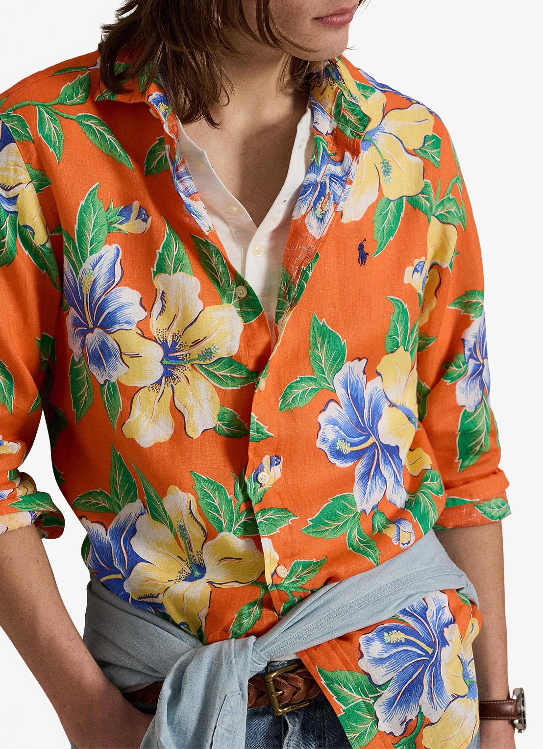 Ralph Lauren Classic fit overhemd van linnen met bloemenprint - detail 6 orange iconic hibiscus / oranje