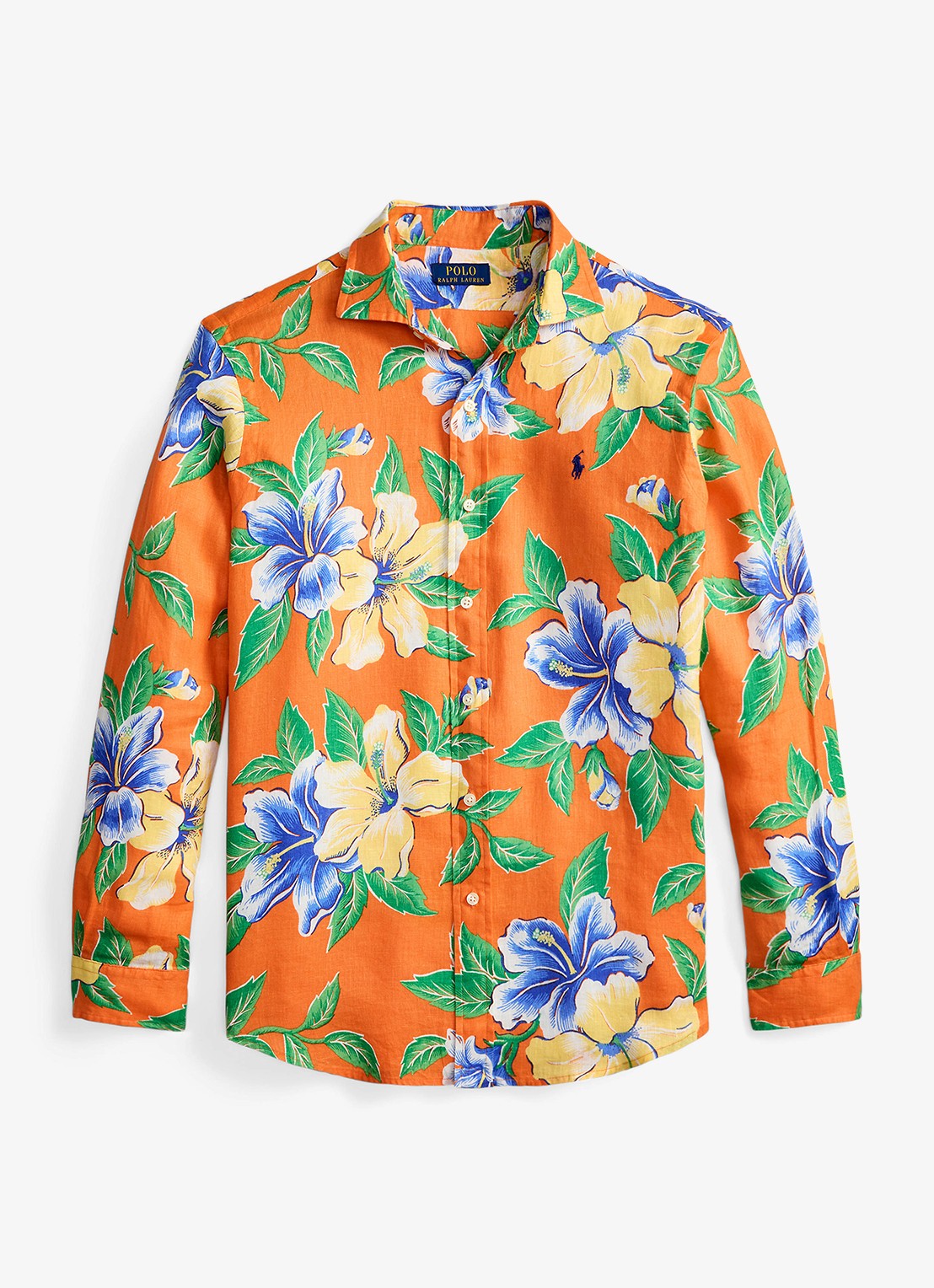 Ralph Lauren Classic fit overhemd van linnen met bloemenprint - voorkant orange iconic hibiscus / oranje