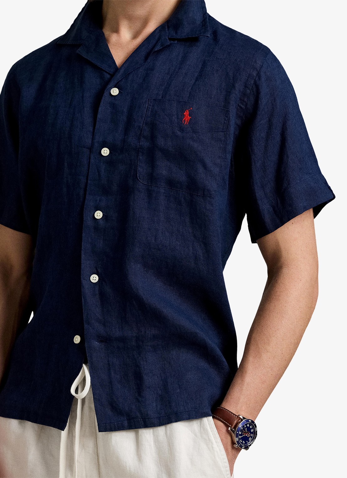 Ralph Lauren Classic fit overhemd van linnen met borstzak - detail 2 donkerblauw