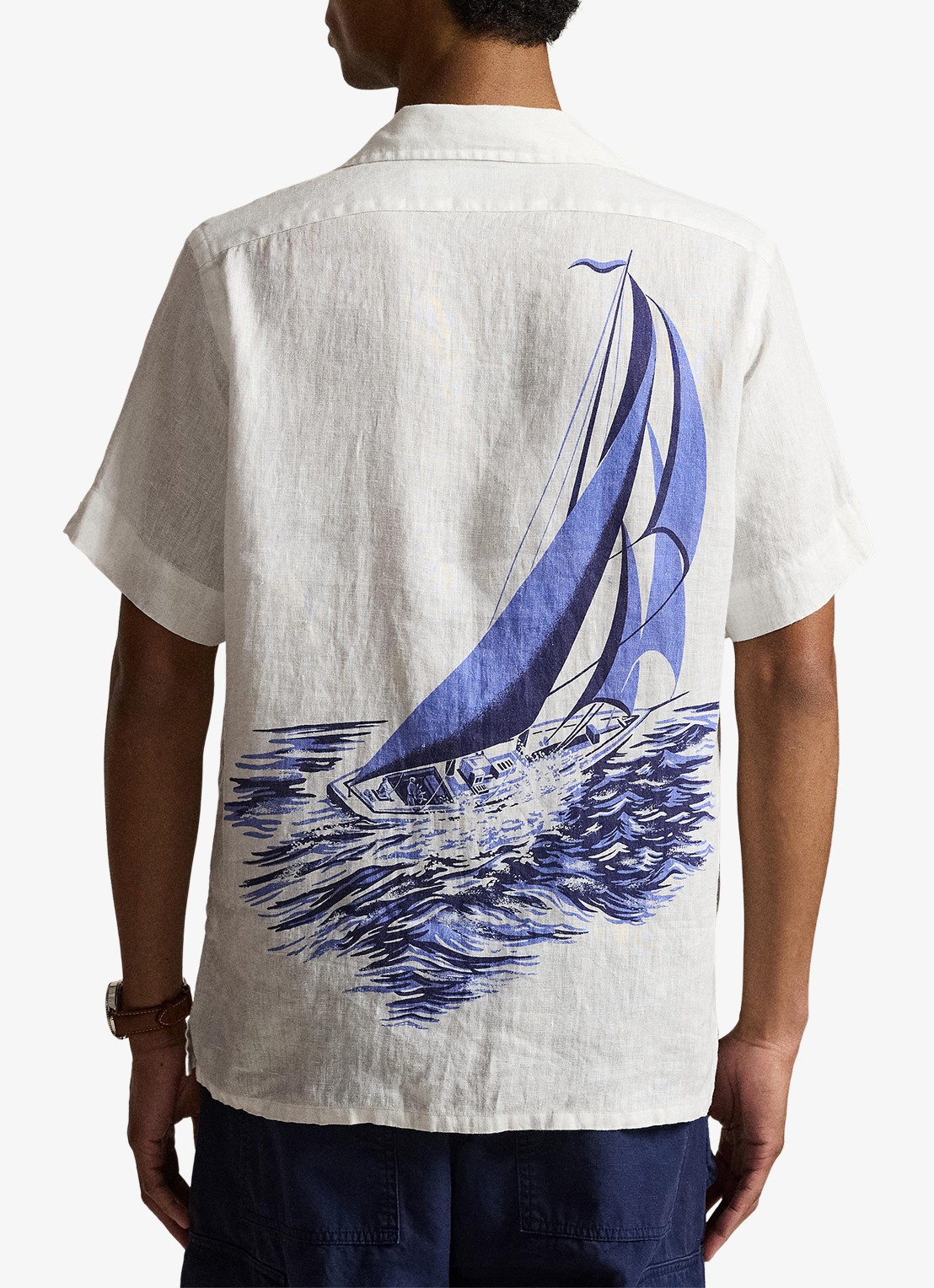 Ralph Lauren Classic fit overhemd van linnen met print - achterkant 3 vintage nautical sail / gebroken wit