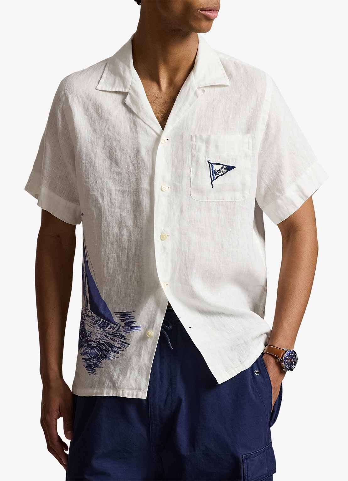 Ralph Lauren Classic fit overhemd van linnen met print - detail 4 vintage nautical sail / gebroken wit