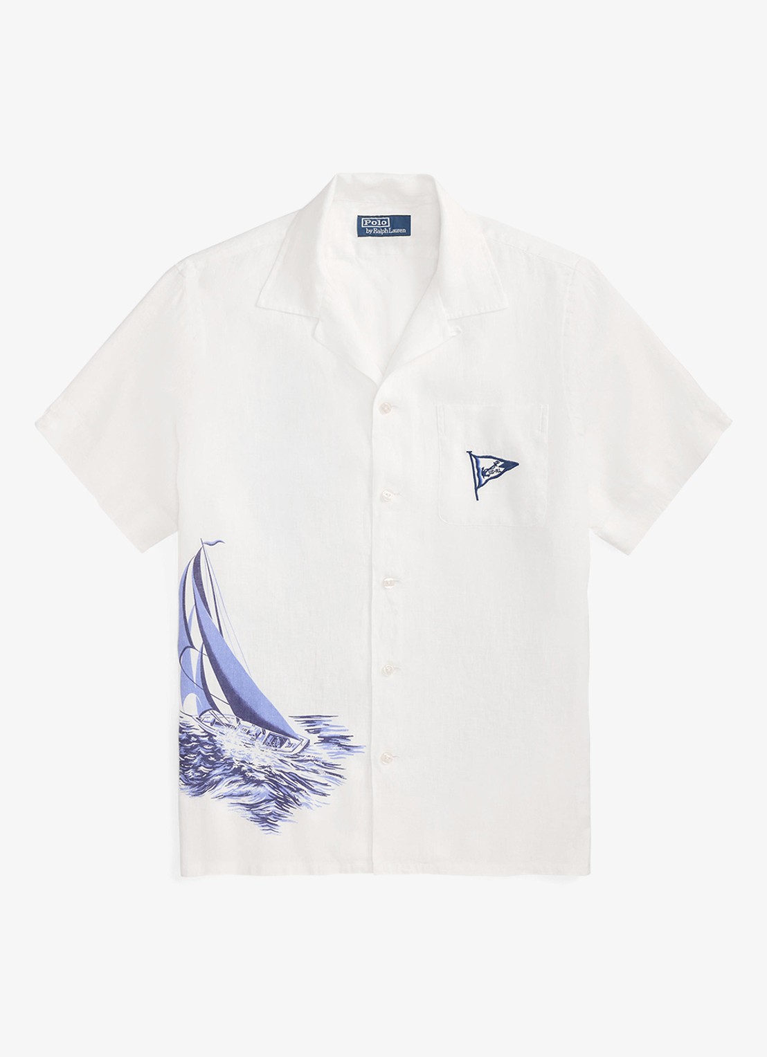Ralph Lauren Classic fit overhemd van linnen met print - voorkant vintage nautical sail / gebroken wit