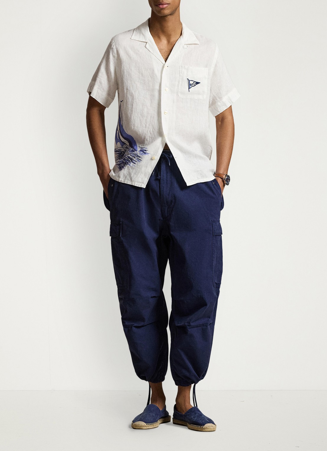 Ralph Lauren Classic fit overhemd van linnen met print - voorkant 2 vintage nautical sail / gebroken wit