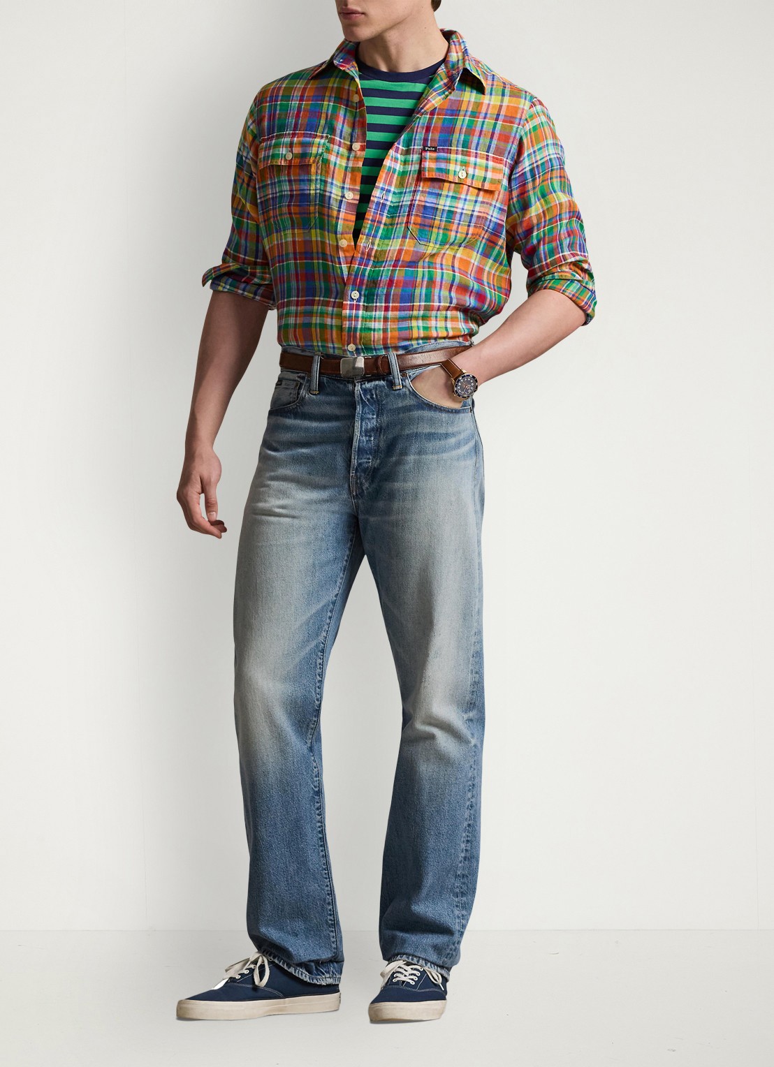 Ralph Lauren Classic fit overhemd van linnen met ruitdessin - voorkant 3 orange royal multi / oranje