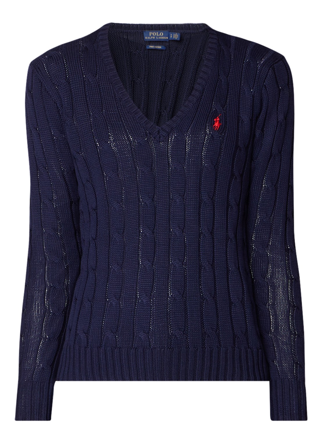 Ralph Lauren Classic kabelgebreide pullover met V-hals - voorkant 3 donkerblauw