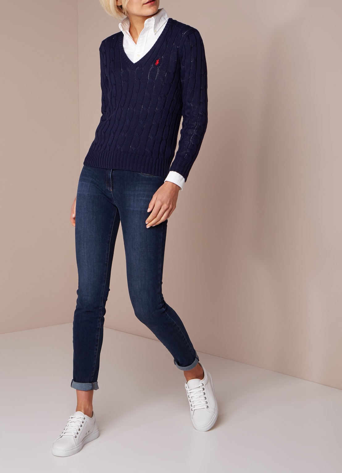 Ralph Lauren Classic kabelgebreide pullover met V-hals - voorkant 4 donkerblauw