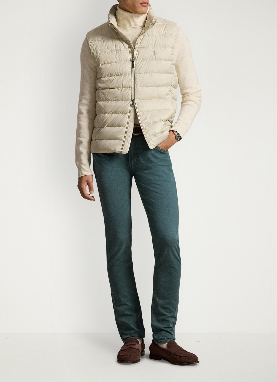 Ralph Lauren Colden opvouwbare bodywarmer met donsvulling en waterafstotende coating - voorkant 6 basic sand / zand