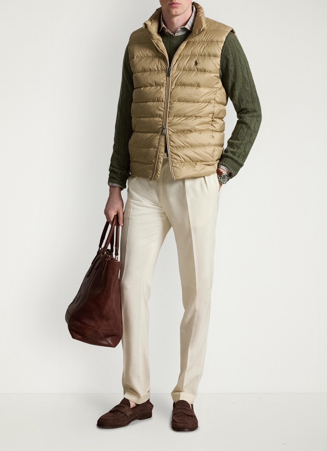 Ralph Lauren Colden opvouwbare bodywarmer met donsvulling en waterafstotende coating - voorkant 3 rl khaki / khaki