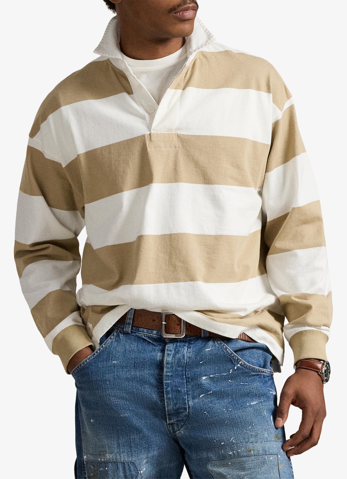 Ralph Lauren Comfort fit polo met streepprint - voorkant 5 trophy cream/classic khaki / khaki
