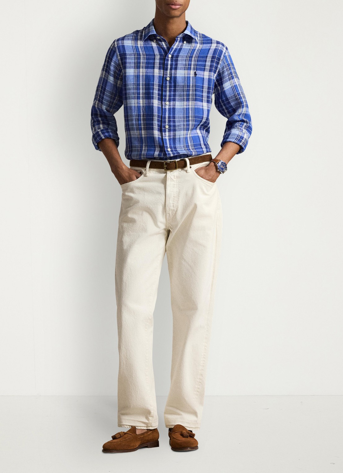 Ralph Lauren Costum fit overhemd van linnen met ruitdessin - detail 4 blue multi / blauw