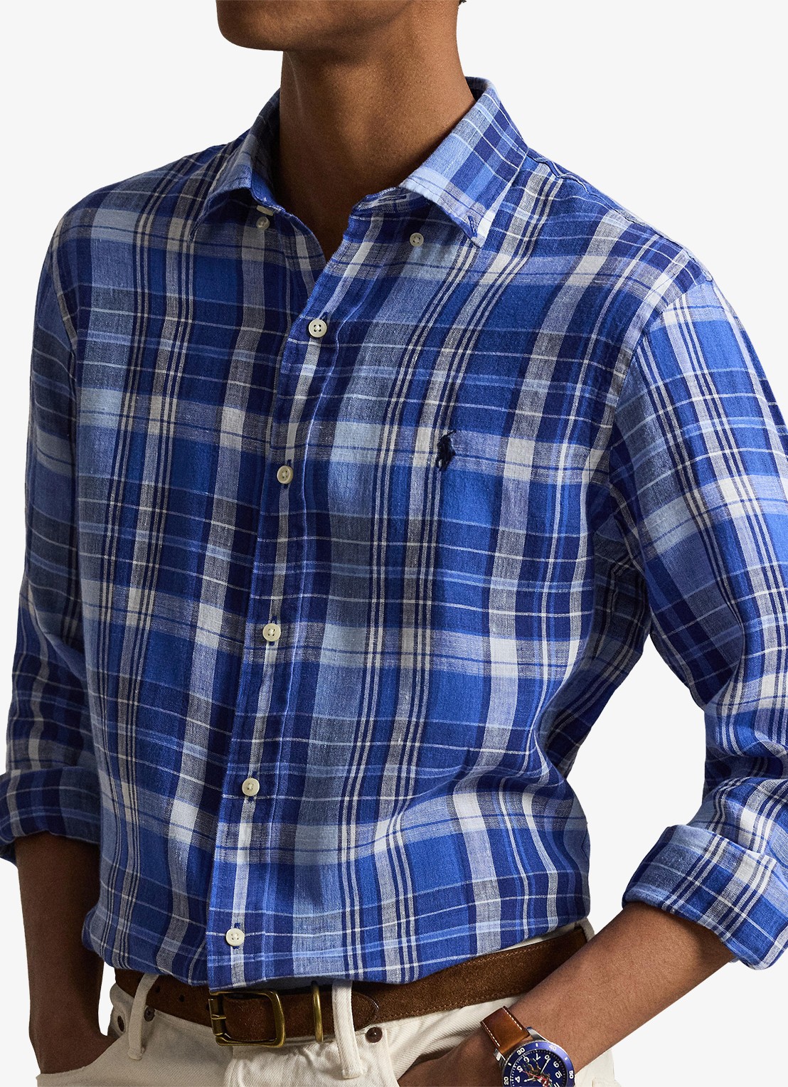 Ralph Lauren Costum fit overhemd van linnen met ruitdessin - detail 5 blue multi / blauw