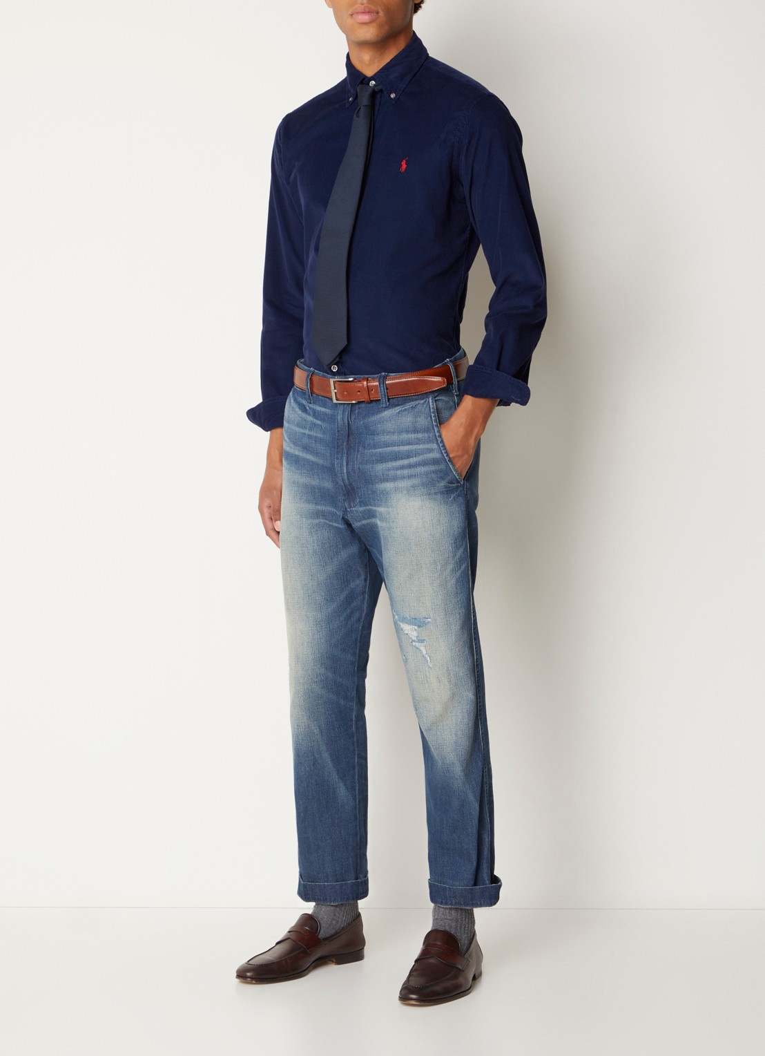 Ralph Lauren Custom fit button down-overhemd van corduroy - voorkant 3 newport navy / blauw