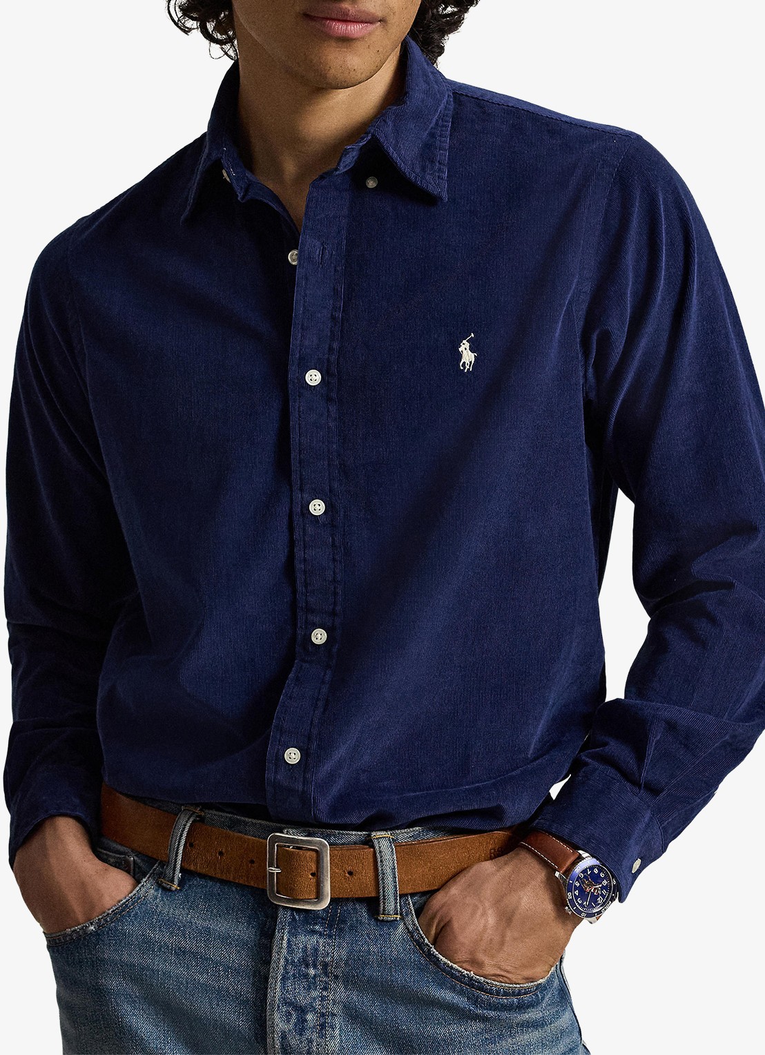 Ralph Lauren Custom fit button down-overhemd van corduroy - voorkant 5 newport navy / white / donkerblauw