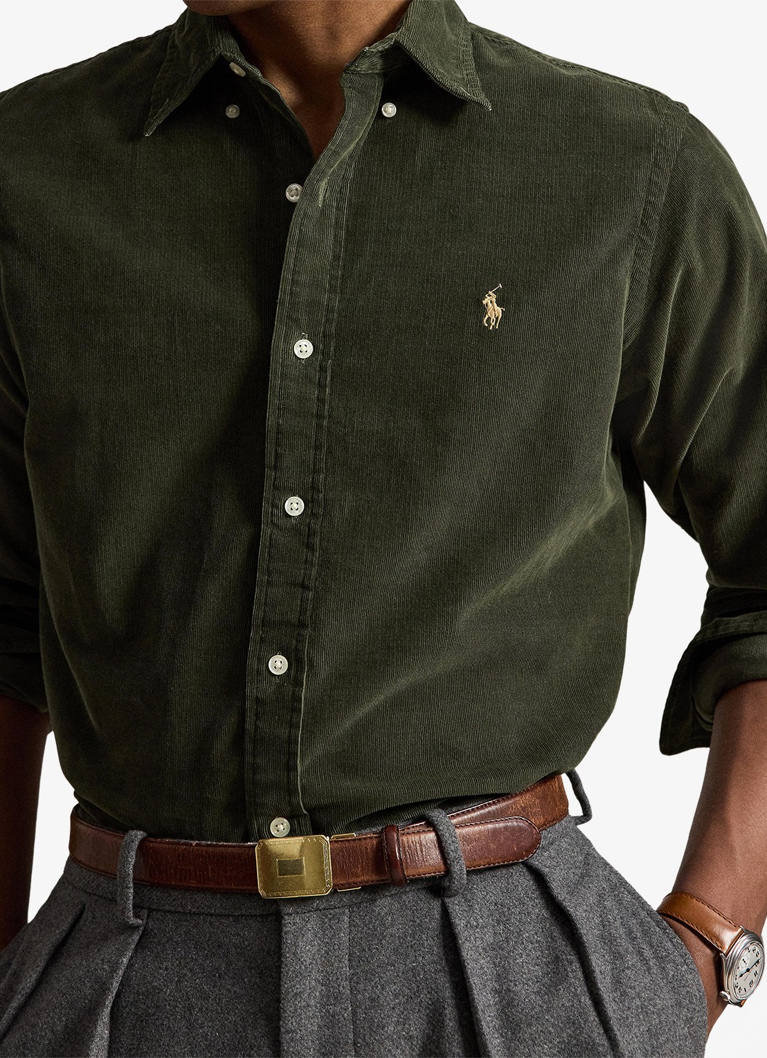 Ralph Lauren Custom fit button down-overhemd van corduroy - detail 3 company olive w/khaki / olijfgroen