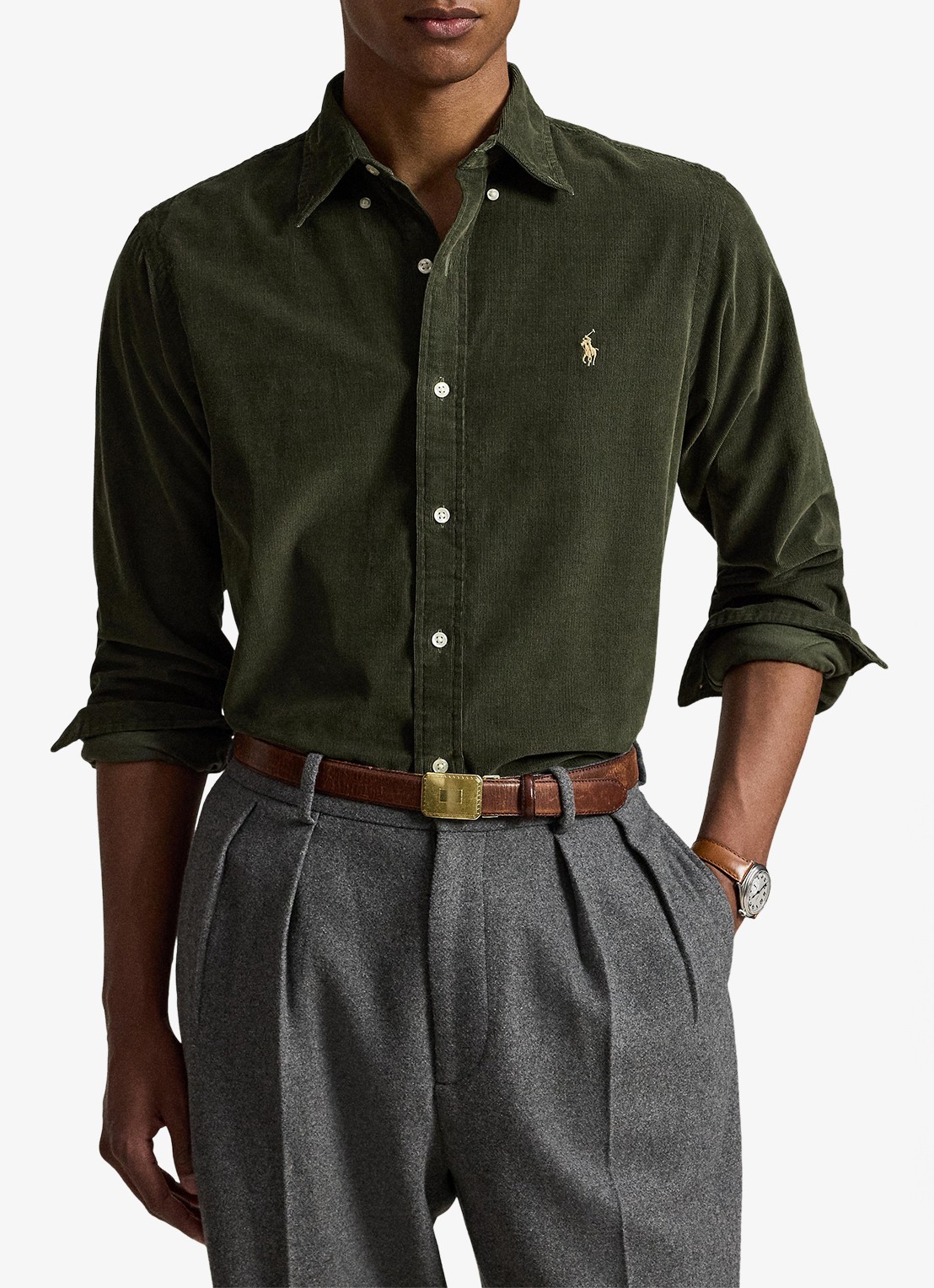 Ralph Lauren Custom fit button down-overhemd van corduroy - voorkant 5 company olive w/khaki / olijfgroen