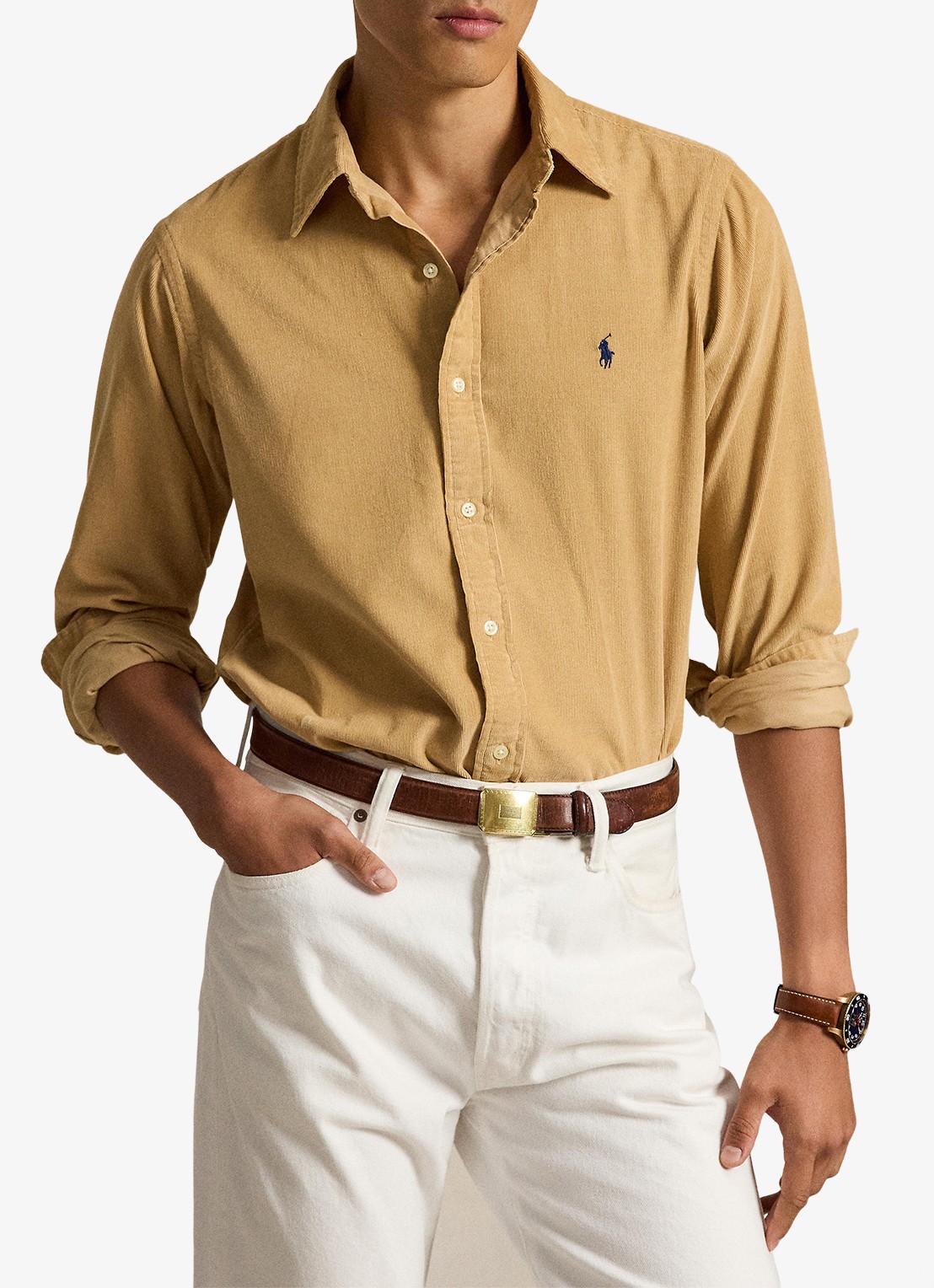 Ralph Lauren Custom fit button down-overhemd van corduroy - voorkant 4 classic camel / camel