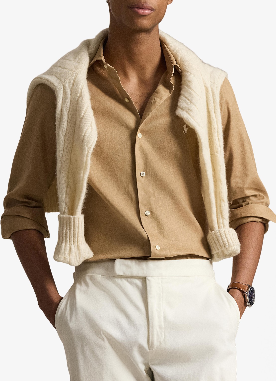 Ralph Lauren Custom fit overhemd in linnenblend met logo - detail cafe tan / beige