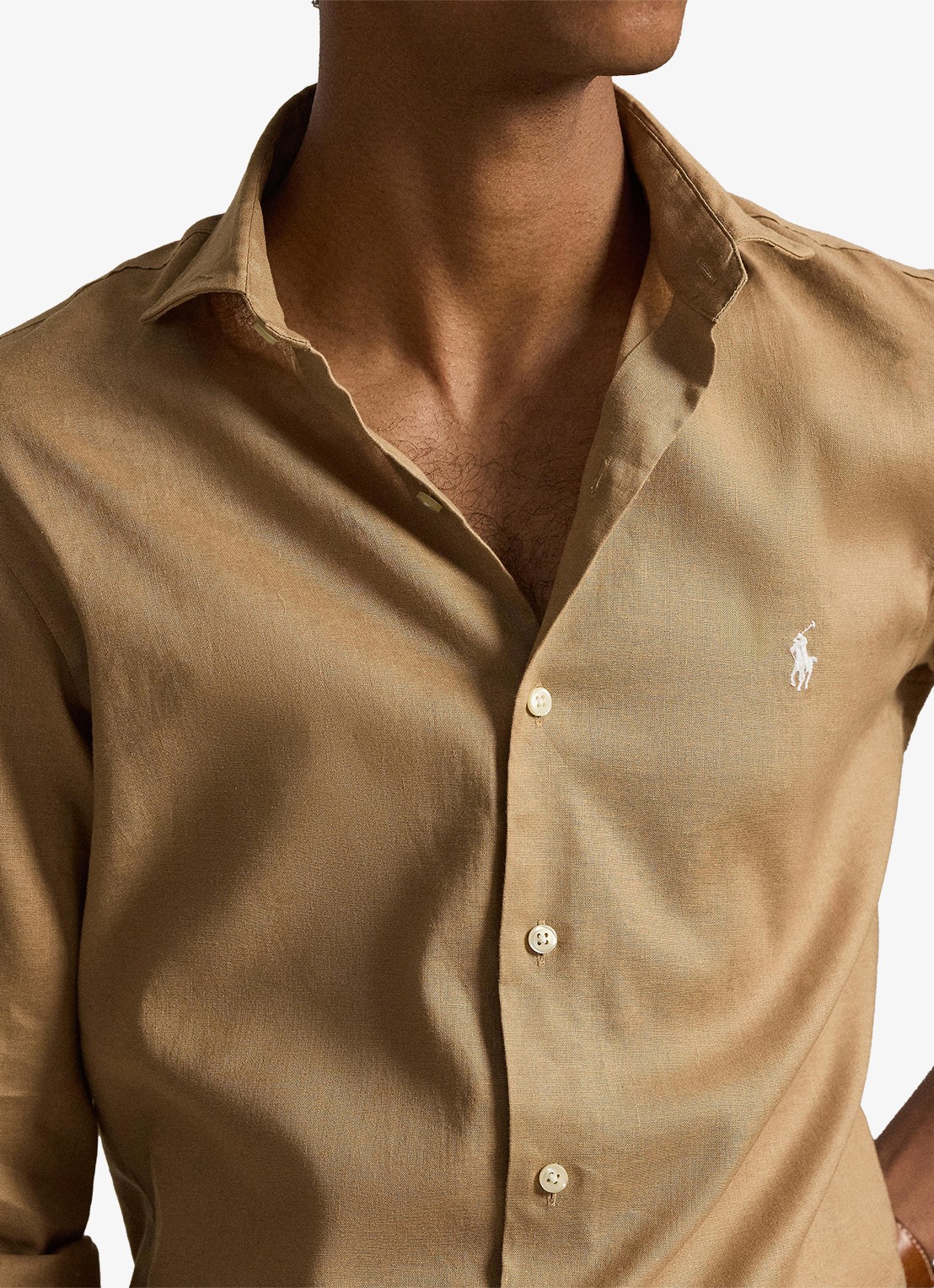Ralph Lauren Custom fit overhemd in linnenblend met logo - voorkant 5 cafe tan / beige