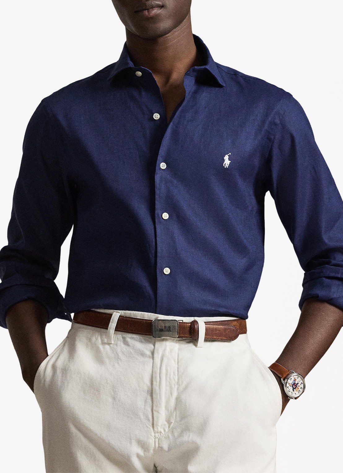 Ralph Lauren Custom fit overhemd in linnenblend met logo - detail 4 newport navy / donkerblauw