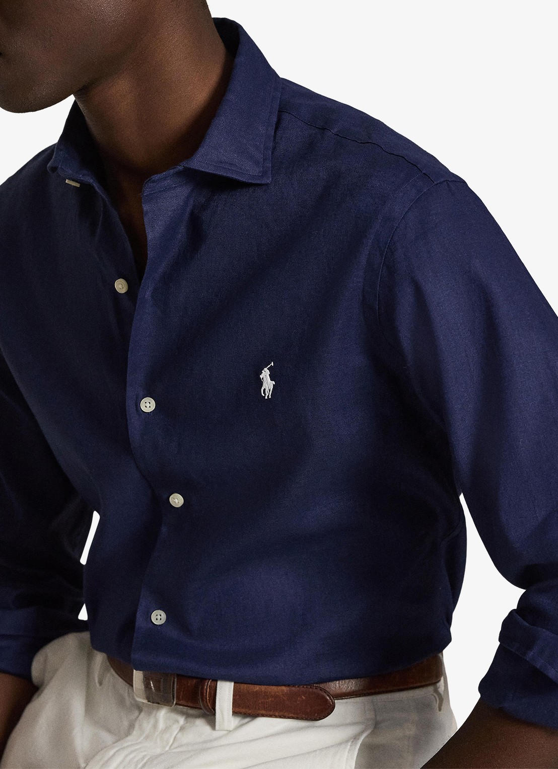 Ralph Lauren Custom fit overhemd in linnenblend met logo - voorkant 3 newport navy / donkerblauw