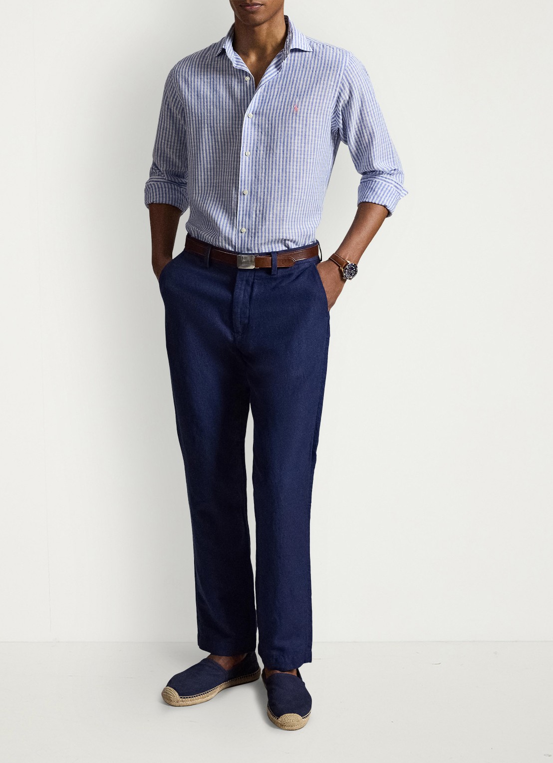 Ralph Lauren Custom fit overhemd in linnenblend met streepprint - detail 4 blue white / blauw