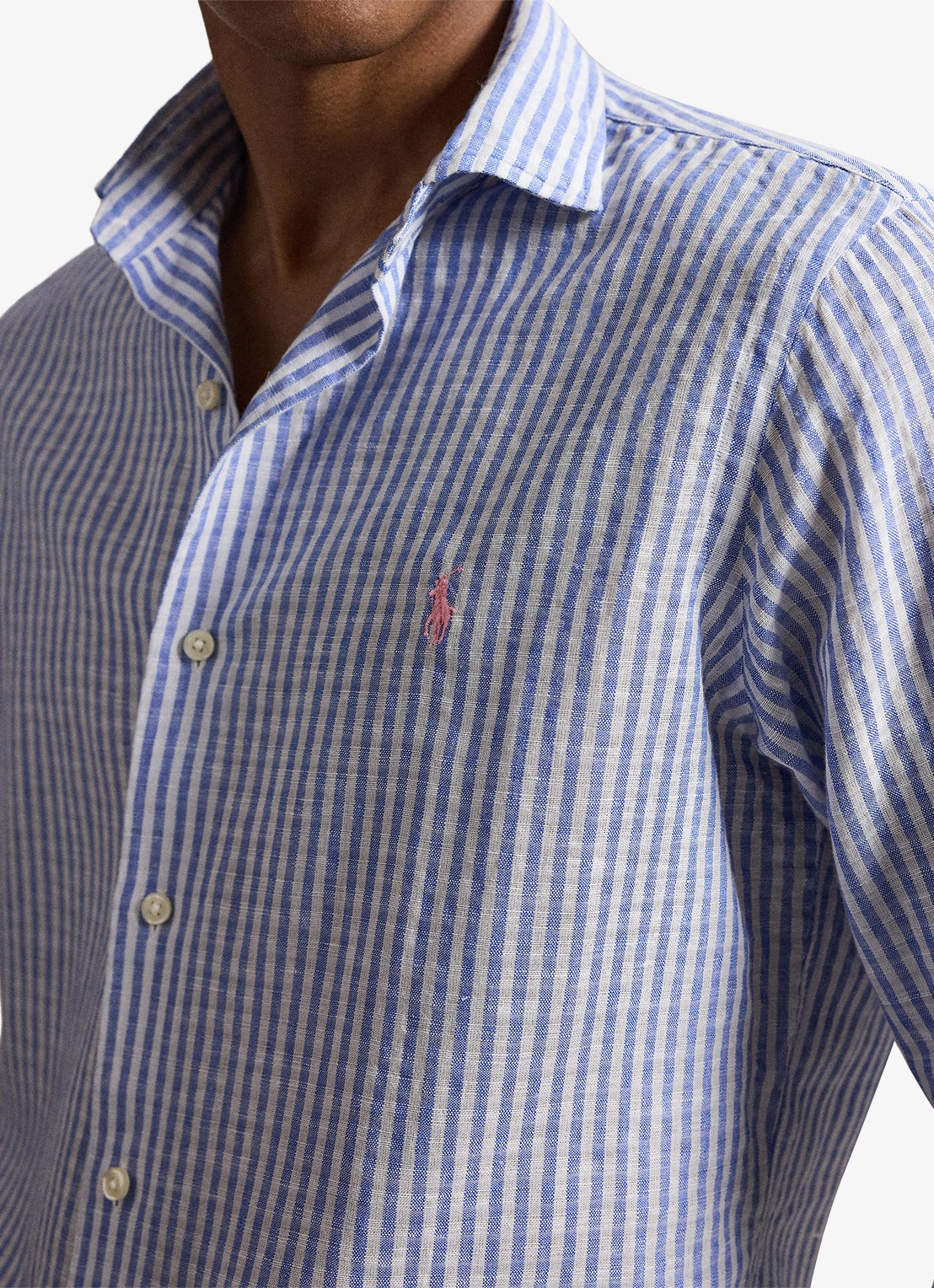 Ralph Lauren Custom fit overhemd in linnenblend met streepprint - detail 5 blue white / blauw