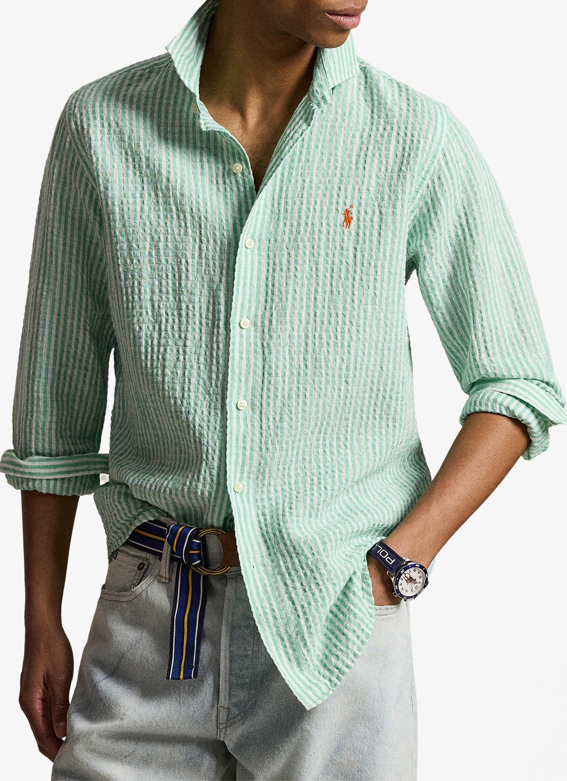 Ralph Lauren Custom fit overhemd in linnenblend met streepprint - detail 3 green white / groen