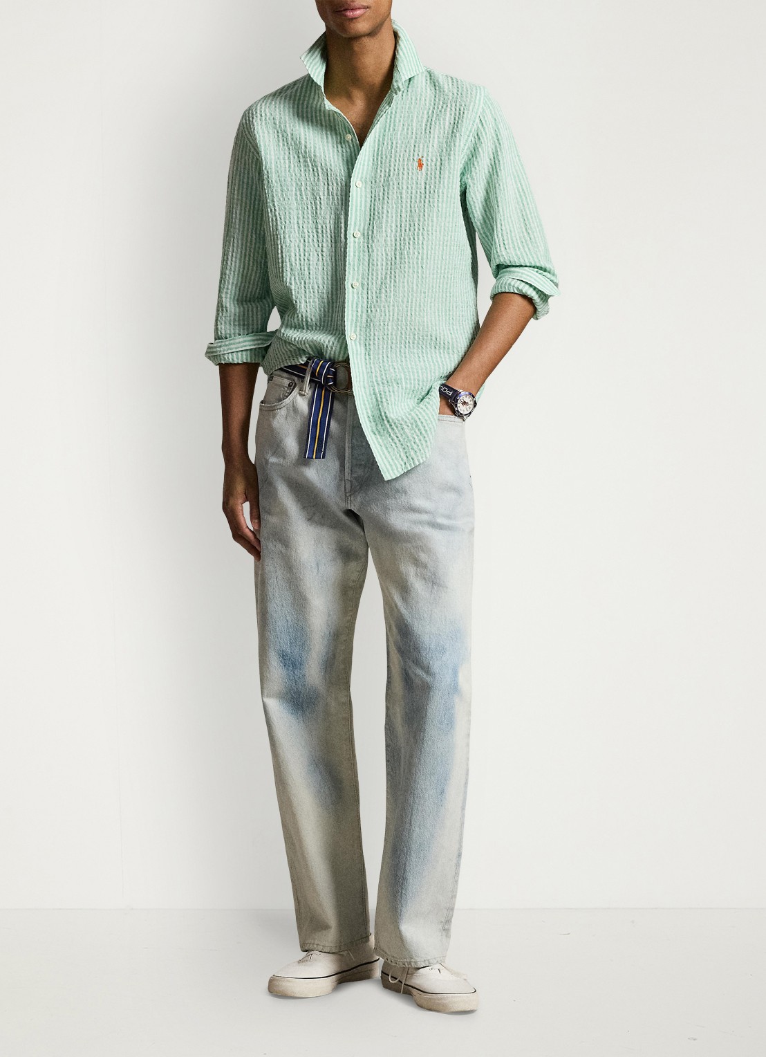 Ralph Lauren Custom fit overhemd in linnenblend met streepprint - detail 5 green white / groen