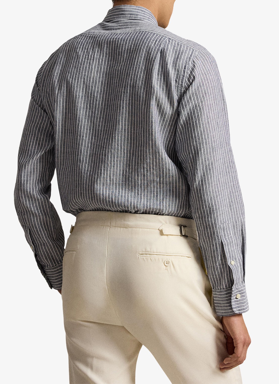 Ralph Lauren Custom fit overhemd in linnenblend met streepprint - achterkant newport navy white / blauw